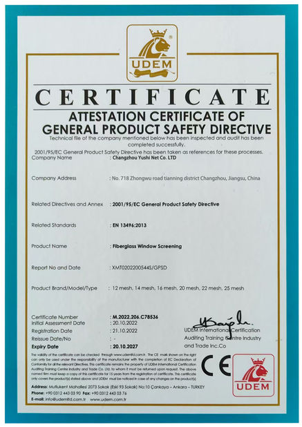 China changzhou yushi net co., ltd certification
